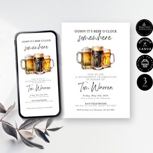 Könnte beinhalten: Eine weiße druckbare Einladung mit einer Aquarell-Illustration von drei Bierkrügen. Der Text lautet "OOH!!! It's Beer O'Clock Somewhere" und "Feiern Sie mit uns den Ruhestand von Tom Warren". Die Einladung enthält Datum, Uhrzeit und Ort der Veranstaltung.