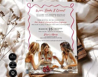 Modelo de convite para reunião de clube do livro, Catch Up, convite para festa de meninas com coquetéis de vinho, diário de leitura, edição para impressão Canva 5x7" READ