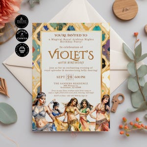 Koninklijke Arabische uitnodiging voor 40e verjaardagsfeestje, buikdans thema uitnodigen, bewerkbaar in canva, sjabloon 5 x 7", afdrukbare, Instant Download, BD69