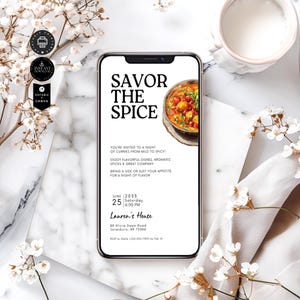 Curry Night Dinner Party evité Vorlage, Savor the Spice, Sammeln, Familie Freunde treffen Karte, E-Mail, Bearbeiten Canva 1080x1920px, EC02a