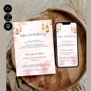 Sjabloon uitnodiging Eid Sisters-damesfeest, Eid al-Fitr moslimdiner invite & Evite, elektronisch, canvas 2 maten, instant download, RM06b
