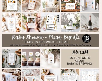 Baby Shower Baby is Brewing Template, Mega Bundle, Invite Evite, Welcome Sign, Buffet, Custom Signs, Thank You, Printable, Edit Canva, BS08