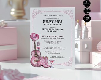 Hoedown 30th Birthday Invitation Template, Western Cowgirl, Cocktails Dance Party, Female, Girls Ladies Invite, Canva 5x7", Printable, BD117