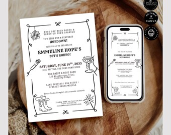 Whimsical 30th Hoedown Birthday Party Invitation & Evite Template, Printable, E-Invite, Female Cowgirl, Western, Edit Canva 2 sizes, BD111b