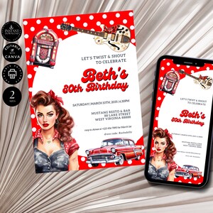 Modèle d'Invitation de fête d'anniversaire rockabilly rétro moderne, thème des années 1950, carte imprimable 80e, téléphone numérique inviter Evite, toile 2 taille BD40b