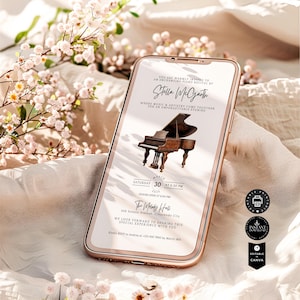 Puede incluir: Una invitación digital para un recital de piano de Stella McGarth. La invitación presenta un diseño dorado y blanco con un piano de cola y el texto "Estás cordialmente invitado a un recital de piano encantador por Stella McGarth" y "Sábado 30 de marzo a las 6:30 PM".