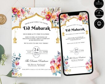 May include: A printable invitation for an Eid Mubarak celebration. The invitation features a watercolor floral design with gold accents and lanterns. The text reads "Eid Mubarak" and includes the date and time of the event, "Sat, April 24, 2035, 6:30 PM". The invitation also includes the location, "The Darwis Residence, 888 Murray Boulevard, Charleston, SC29888".