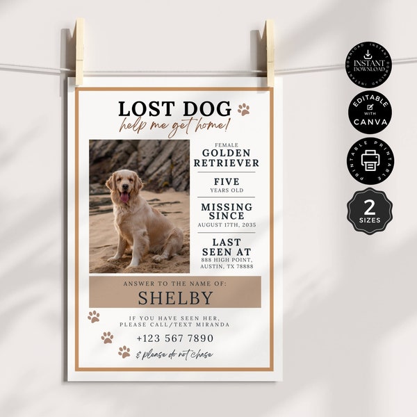 Missing Dog Flyer Poster Template, Lost Pet, Missing Cat, Family Poster, Canva A4 US Letter Size, Instant Download, Editable Printable, FL02