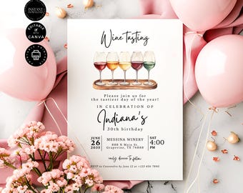 Editable Wine Tasting Birthday Party Invitation, 30th Adult Printable Invite Card, Ladies Night, Instant Download, Canva Template 5x7", BD44