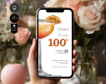 Modelo de convite para festa de aniversário com coquetéis editáveis modernos, 100º convite, telefone digital, e-mail, texto, WA, edite no Canva 1080x1920px, BD78a