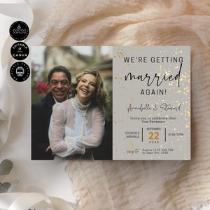 Invitación de renovación de votos matrimoniales, casarse de nuevo, invitación con foto de pareja, descarga instantánea, editable e imprimible, plantilla, Canva 7x5", VR14