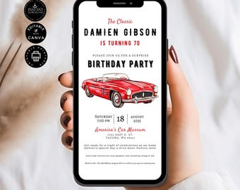Modern Editable Classic Red Car Party Invite, 70th Evite Birthday, Digital Phone, Email Text WA, Instant Download, Canva 1080x1920 px, BD65