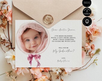 Classic Will You Be My Godmother Proposal Card Template, Baby Girl, Editable Canva 7x5 in, Wedding Party, Instant Download, Printable, GM26