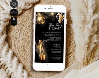 Modelo de convite para festa de véspera de ano novo, convite Pop Fizz Clink, contagem regressiva de fim de ano, champanhe, e-mail, editar em Canva1080x1920px, NY7a