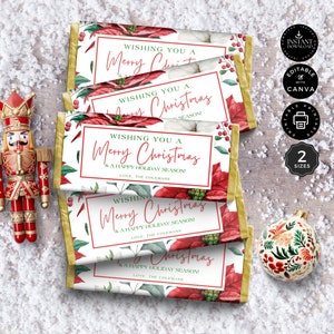 May include: Five printable Christmas chocolate bar wrappers with a white background and red poinsettia flowers. The wrappers have a gold border and the text "Wishing you a Merry Christmas & a Happy Holiday Season! Love, The Colemans".