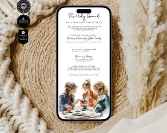 Modelo de convite por telefone para reunião do clube do livro bíblico, convite para festa de café, diário de leitura Evite, edição para impressão Canva 1080x1920 pix, LEIA
