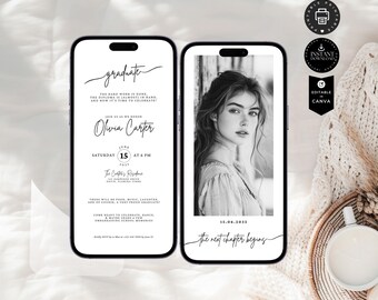 May include: Black and white graduation invitation with a photo of a woman on the right side of the card. The text on the left side of the card reads "graduate" and "Olivia Carter" with the date and time of the event. The text on the right side of the card reads "15.06.2035" and "the next chapter begins".