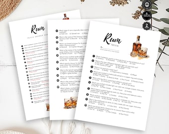 May include: A printable PDF trivia game about rum with a watercolour illustration of a glass of rum and a bottle of rum. The game includes 20 questions about rum, its history, and popular cocktails. The text "Rum Trivia" is at the top of the page.