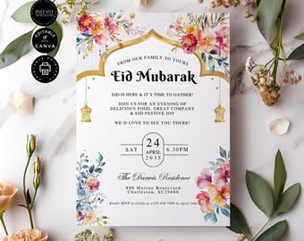 May include: A white and gold Eid Mubarak invitation with a floral design. The invitation includes the date and time of the event, the location, and the RSVP information.