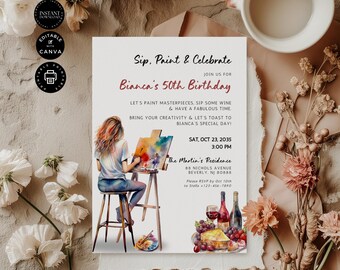Paint and Sip 50th Birthday Party invitation customizable template, Instant Digital Download, Printable, Card, Editable Canva 5x7inch, BD79D