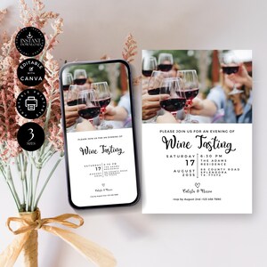 Modern Wine Tasting Invitation Template, Blind Wine Tasting Party Invite, Printable, Digital Phone, Canva 3 sizes, Instant Download, P05b image 3