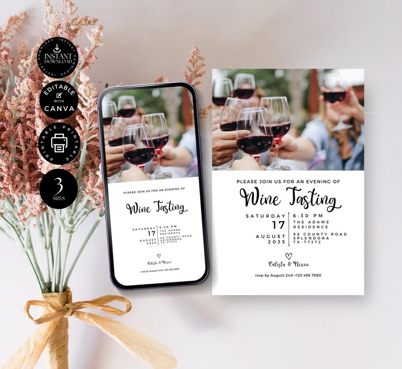 Modern Wine Tasting Invitation Template, Blind Wine Tasting Party Invite, Printable, Digital Phone, Canva 3 sizes, Instant Download, P05b image 3