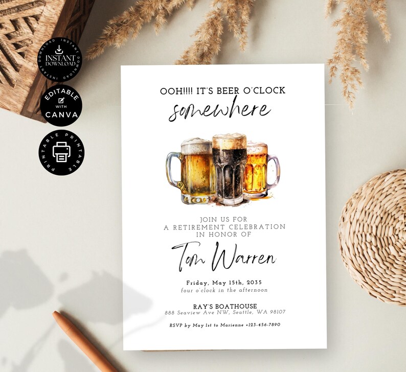 Beer O'clock Retirement Party Invitation Template, Cocktail Modern ...
