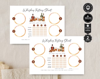 Modello di scheda di valutazione per degustazione di whisky, serata whisky, festa a casa, addio al celibato, stampabile, modifica Canva in 2 dimensioni, download Inst, P21f