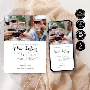 Modern Wine Tasting Invitation Template, Blind Wine Tasting Party Invite, Printable, Digital Phone, Canva 3 sizes, Instant Download, P05b image 1