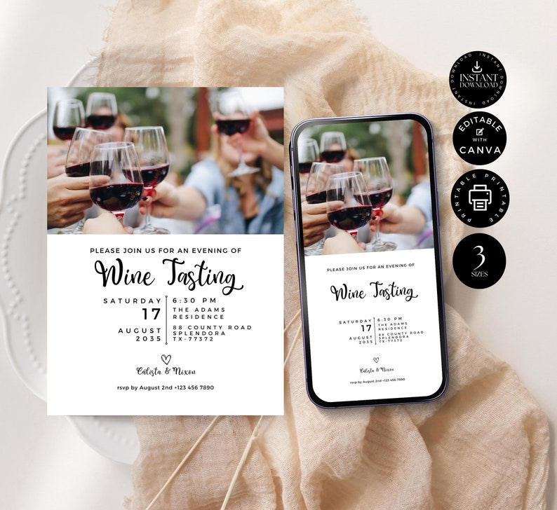 Modern Wine Tasting Invitation Template, Blind Wine Tasting Party Invite, Printable, Digital Phone, Canva 3 sizes, Instant Download, P05b image 1