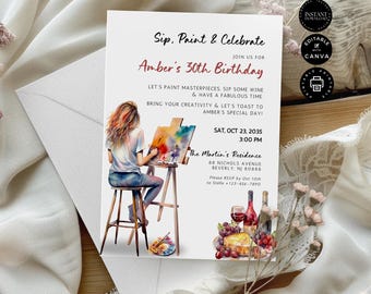 Paint and Sip 30th Birthday Party invitation customizable template, Instant Digital Download, Printable, Card, Editable Canva 5x7inch, BD79C