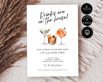 Cocktail Housewarming Invite, New House Party, Family Celebration, Printable Invitation, Edit with Canva Template 5x7", Instant Download NH1