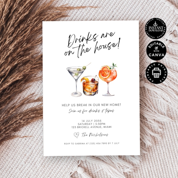 Cocktail Housewarming Invite, New House Party, Family Celebration, Printable Invitation, Edit with Canva Template 5x7", Instant Download NH1