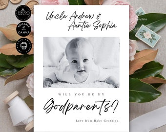 Modèle de carte de voeux serez-vous mes parrains et marraines de style classique minimaliste | Toile modifiable 5 x 7 pouces | Fête de mariage W02.85
