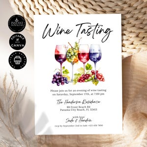 Plantilla de invitación para cata de vinos, fiesta del vino, invitación para cata de vinos a ciegas, fiesta casera, edición imprimible en Canva de 5 x 7 pulgadas, descarga instantánea, P04 imagen 1