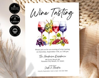 Wine Tasting Invitation Template, Wine Party, Blind Wine Tasting Invite, Home Party DIY, Printable Edit in Canva 5x7", Instant Download, P04