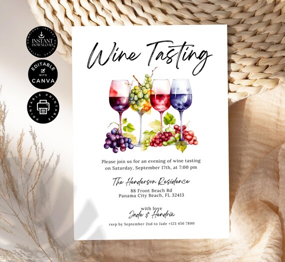 Wine Tasting Invitation Template, Wine Party, Blind Wine Tasting Invite, Home Party DIY, Printable Edit in Canva 5x7", Instant Download, P04