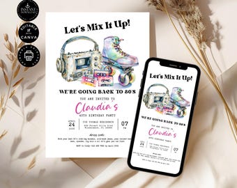 Moderne 80er Geburtstag Party Einladung Vorlage, 1980er Jahre Invite Evite, Printable, Digital Phone, Canva 2 Größen Sofortdownload, P27