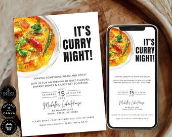 Modelo de convite para jantar com curry: Canva Evite editável (download digital) EC06b