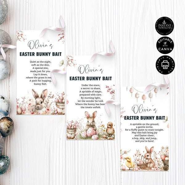 Easter Bunny Bait Tag Template, Bait Food Cards, Bait Labels, Party, Class Gifts, Kids Basket, 3 Designs, Printable, Edit Canva 3.5x5", SD01