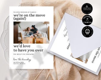 May include: A white moving announcement card with the text "we're on the move (again!)" and "we'd love to have you over". The card includes a photo of a couple and moving boxes. A white envelope is also visible.