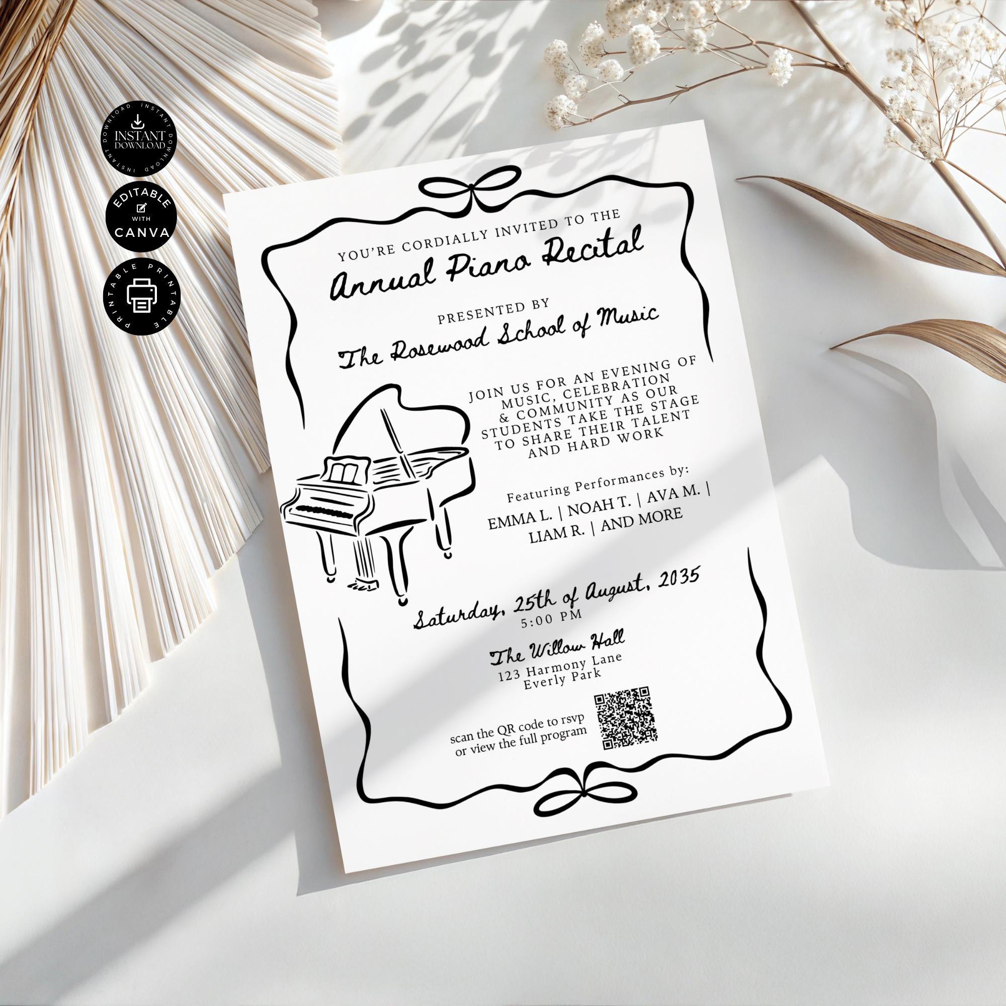 エレガントなピアノリサイタル招待状テンプレート、印刷可能な音楽