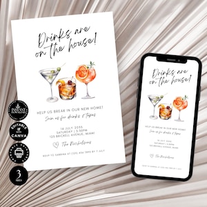 Cocktail Housewarming Einladungsvorlage, Digitale Hauseinweihung Evite, Bearbeitbare Home Invite Karte, sofortiger Download, Canva 3 Größen, NH1b
