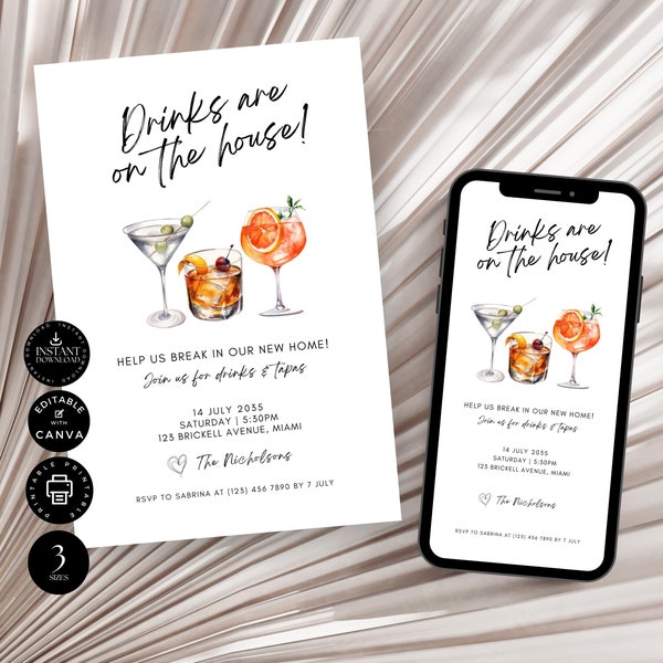 Cocktail Housewarming Invitation Template,  Electronic House Warming Evite, Editable Home Invite Card, Instant Download, Canva 3 Sizes, NH1b