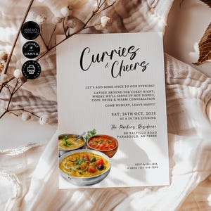 Curry Night Dinner Party Einladung Vorlage, Curry und Cheers, Treffen, Familie Freunde treffen Karte, Einladen, Bearbeiten Canva 5x7 ", EC03