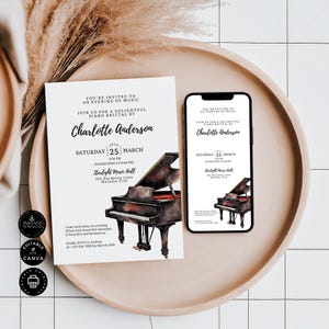 Piano Recital Invitation & Evite Template, Printable, Musical Event E-Invite, Classical Concert, Edit in Canva 2 sizes, Inst. Download, I09b