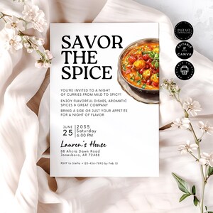 Curry Night Dinner Party Einladung Vorlage, Savor the Spice, Sammeln, Familie Freunde treffen Karte, Printable, Bearbeiten Canva 5x7", EC02