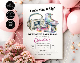 80s Birthday Party Theme Invitation Template, Editable Nineteen Eighty Invite, 1980&#39;s Retro, Printable, Canva 5x7&quot;, Instant Download, P27