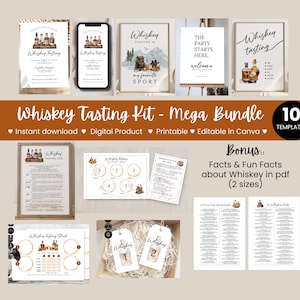 Plantilla de kit de degustación de whisky, paquete mega, noche de whisky escocés, fiesta en casa, cumpleaños, soltero, imprimible, edición Canva, descarga instantánea, P21m