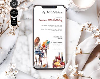 Paint and Sip 60. Geburtstagsparty-Vorlage, elektronisches Evite, E-Mail-Text einladen, sofortiger digitaler Download, Bearbeiten in Canva 1080x1920px, BD79Ea
